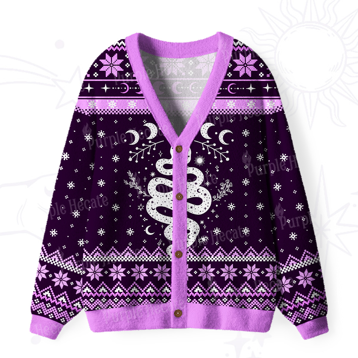 Purplehecate Snake And Moon Phase Comfort Ugly Cardigan Sweaters