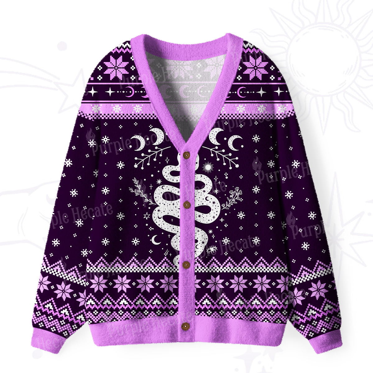Purplehecate Snake And Moon Phase Comfort Ugly Cardigan Sweaters
