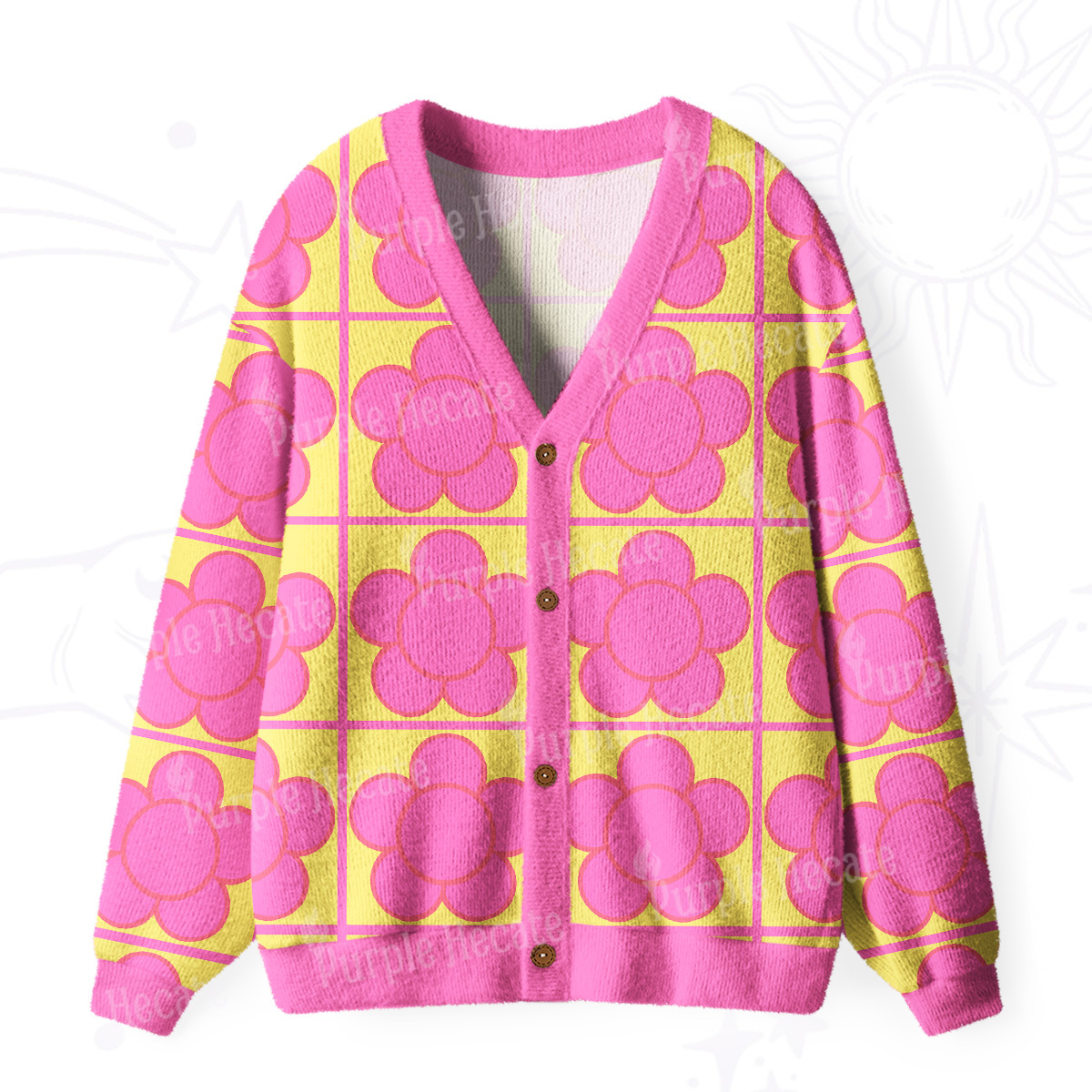 Purplehecate Bubble Flower Checkered Ugly Cardigan Sweaters