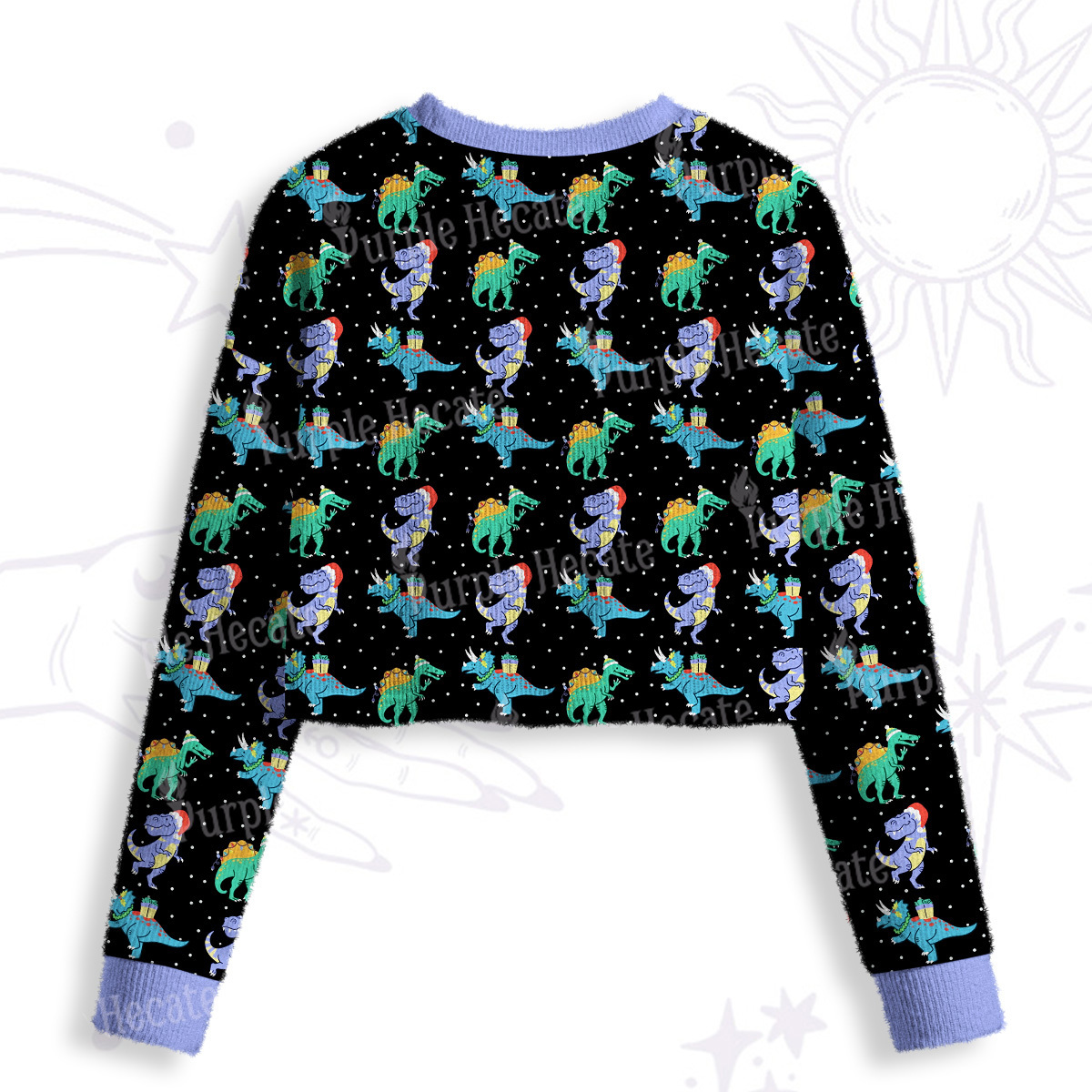 Purplehecate Funny Christmas Dinosaurs Crop Fuzzy Ugly Sweatshirt