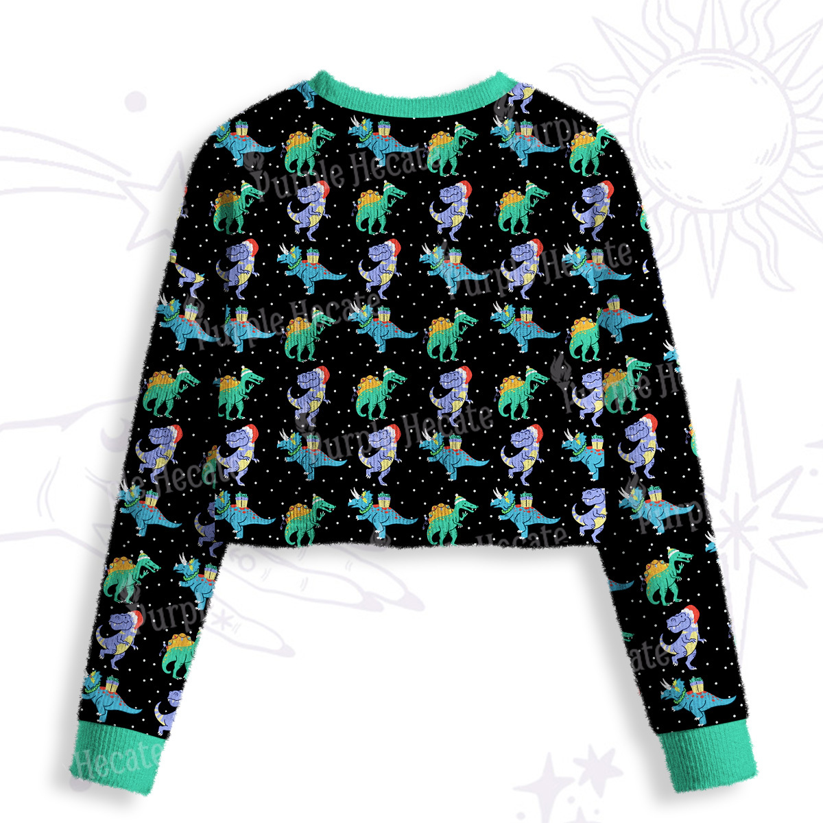 Purplehecate Funny Christmas Dinosaurs Crop Fuzzy Ugly Sweatshirt