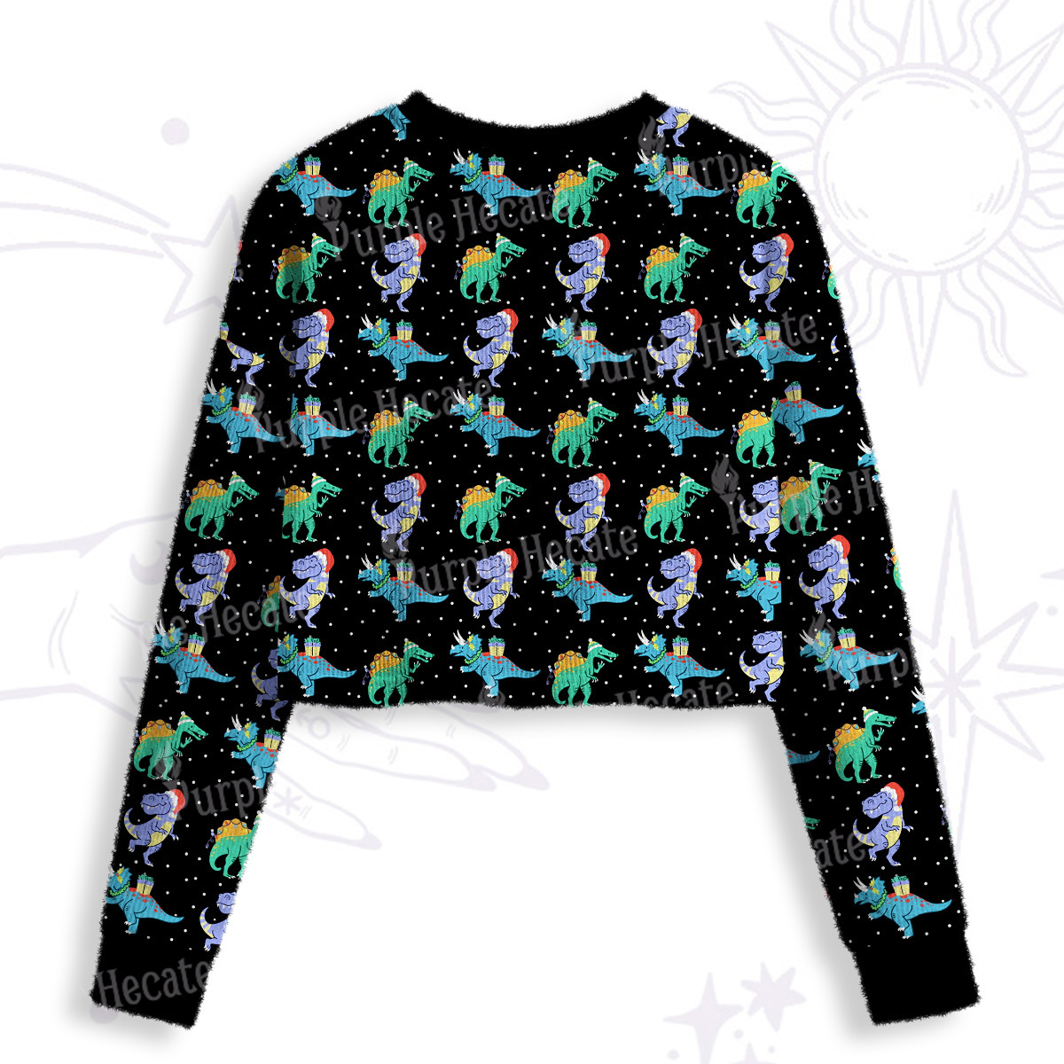 Purplehecate Funny Christmas Dinosaurs Crop Fuzzy Ugly Sweatshirt