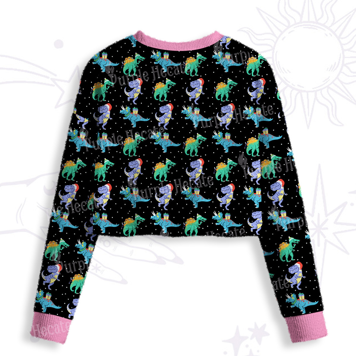 Purplehecate Funny Christmas Dinosaurs Crop Fuzzy Ugly Sweatshirt
