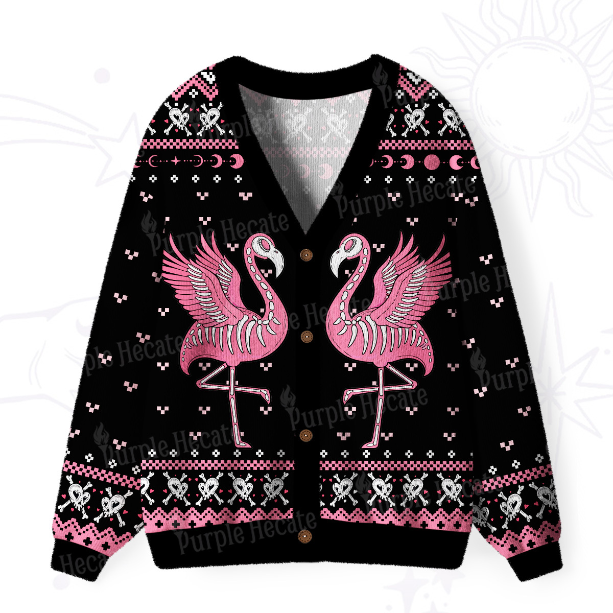 Purplehecate Witchy Pink Flamingo Skull Ugly Cardigan Sweaters