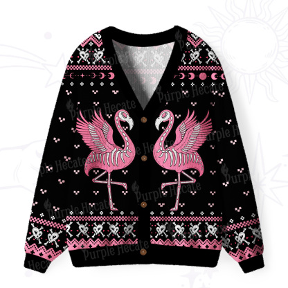 Purplehecate Witchy Pink Flamingo Skull Ugly Cardigan Sweaters
