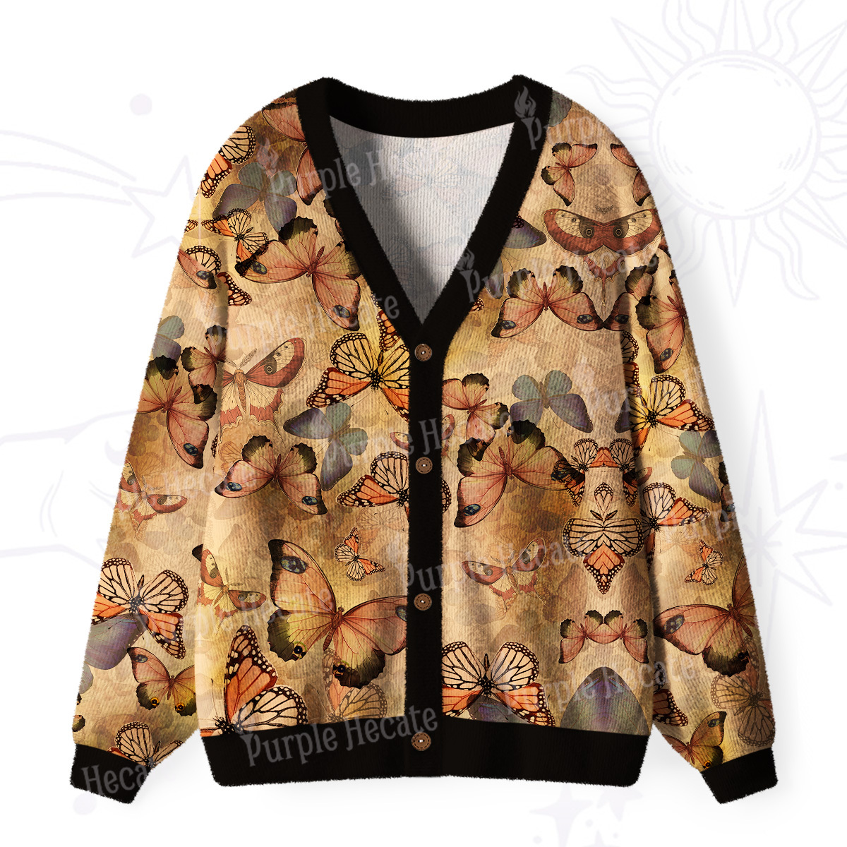 Purplehecate Monarch Butterfly Print Ugly Cardigan Sweaters