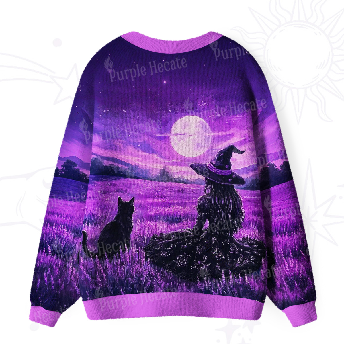 Purplehecate Dreamy Purple Witch and Black Cat Ugly Cardigan Sweaters