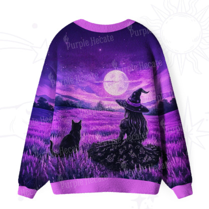 Purplehecate Dreamy Purple Witch and Black Cat Ugly Cardigan Sweaters