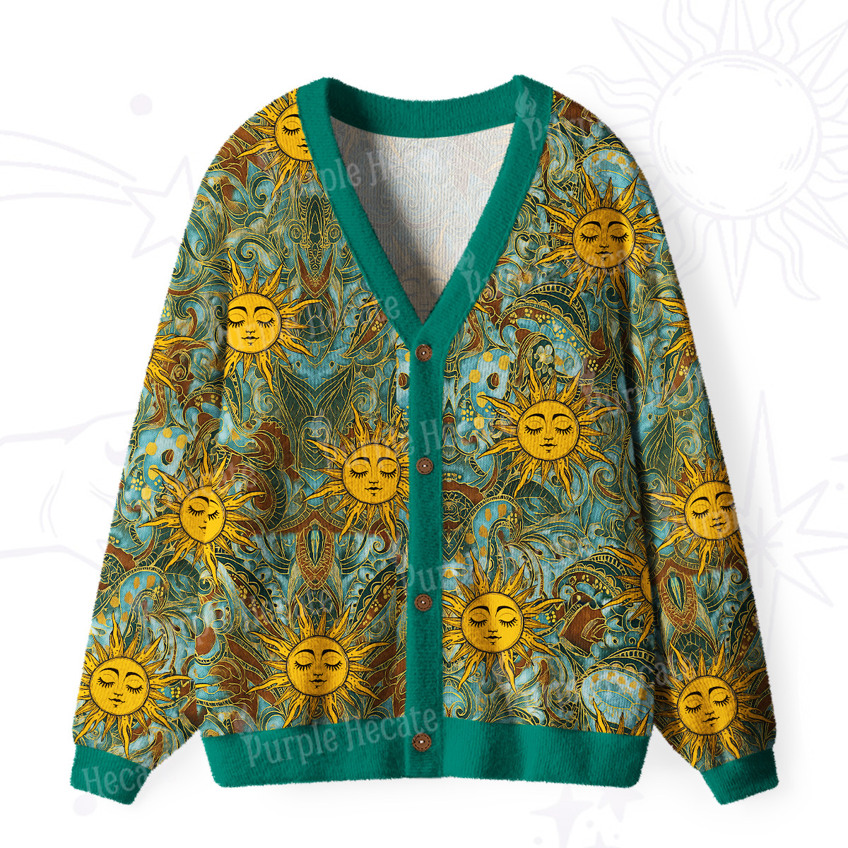 Purplehecate Golden Sun Wheel Ugly Cardigan Sweaters