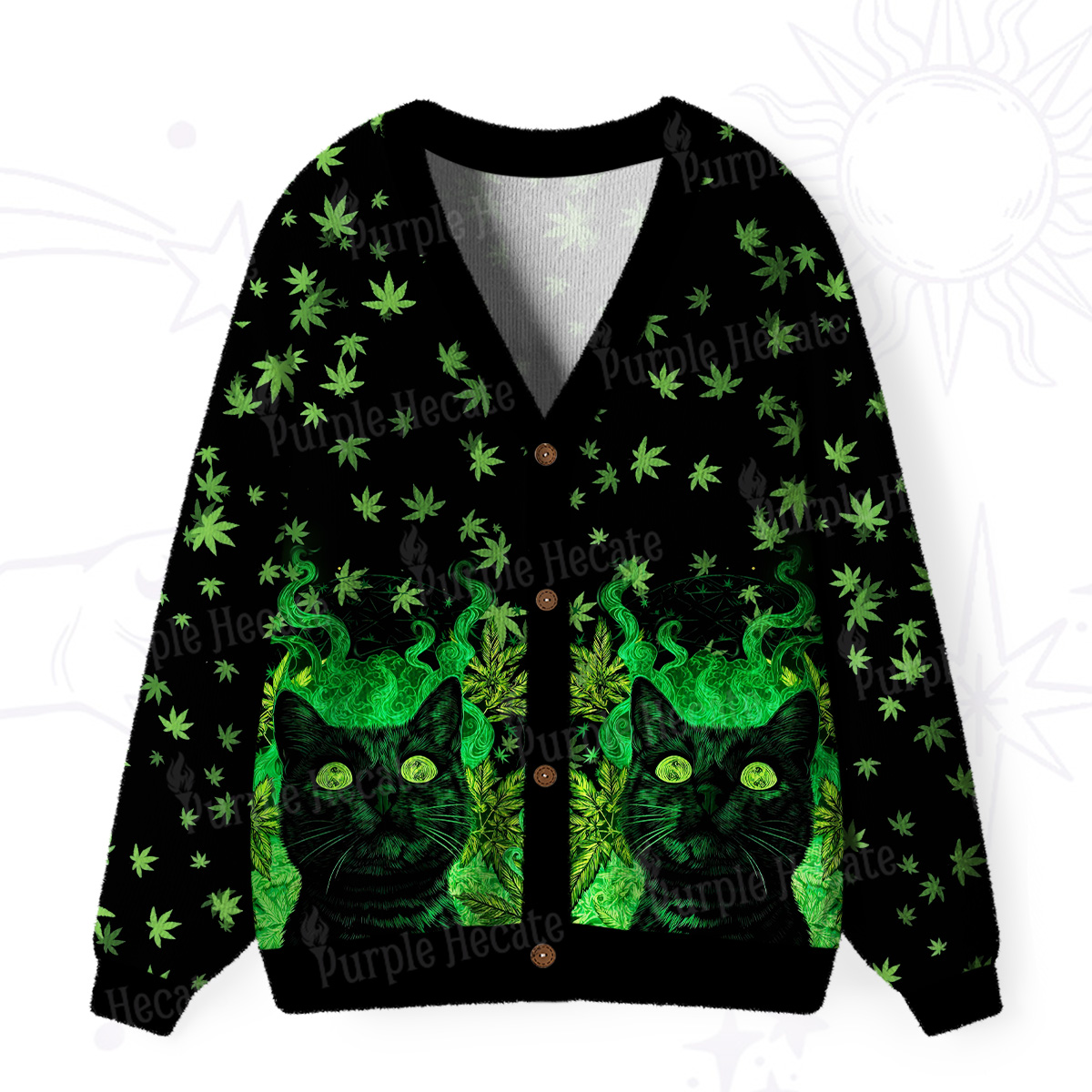 Purplehecate Trippy Glow Cat 420 Vibes Ugly Cardigan Sweaters