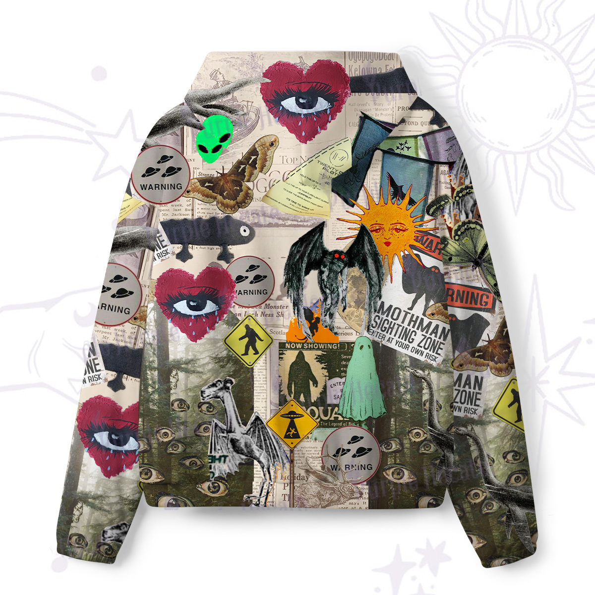 Purplehecate Cryptid Warning Collage All-Over Print Hoodie