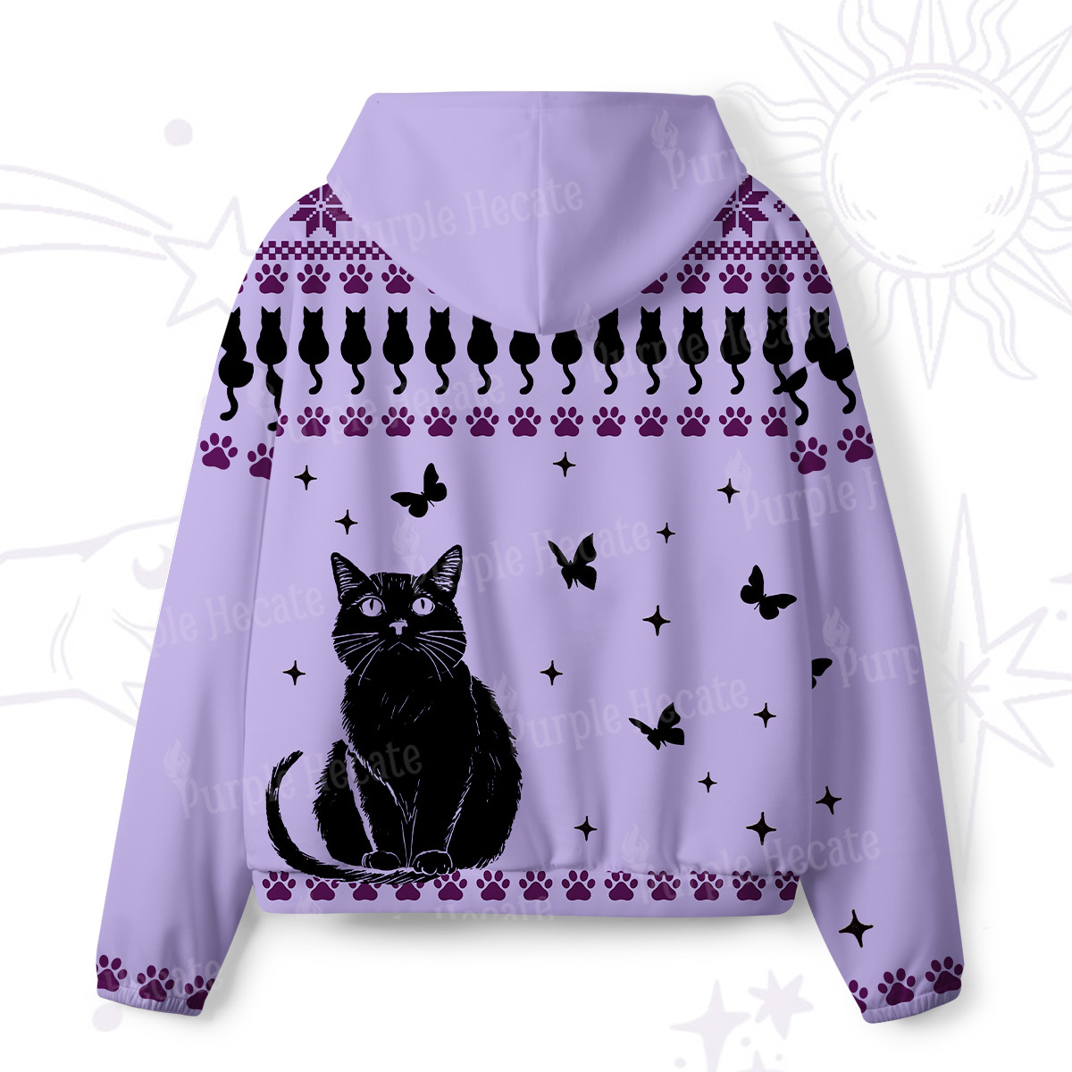 Purplehecate Midnight Pawprints Black Cat All-Over Print Hoodie