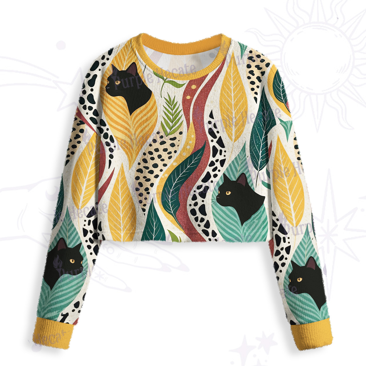 Purplehecate Mystic Forest Cat Crop Fuzzy Ugly Sweatshirt