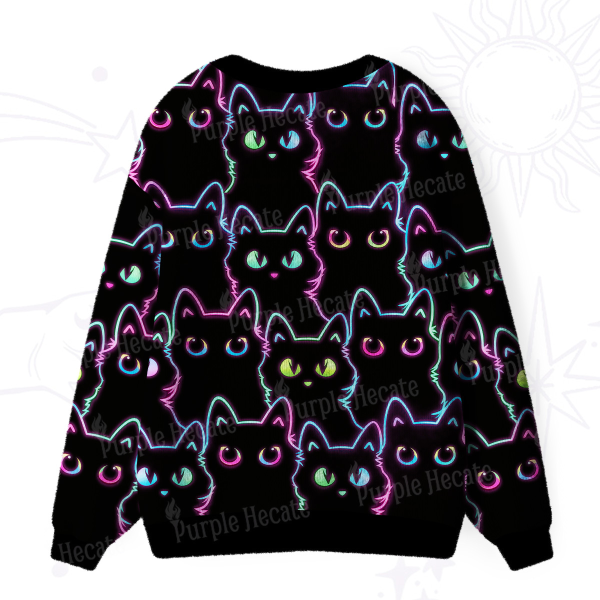 Purplehecate Neon Glow Stacked Cats Ugly Cardigan Sweaters