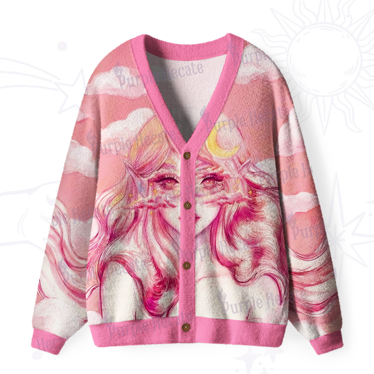 Purplehecate Pink Moon Goddess Witchy Ugly Cardigan Sweaters