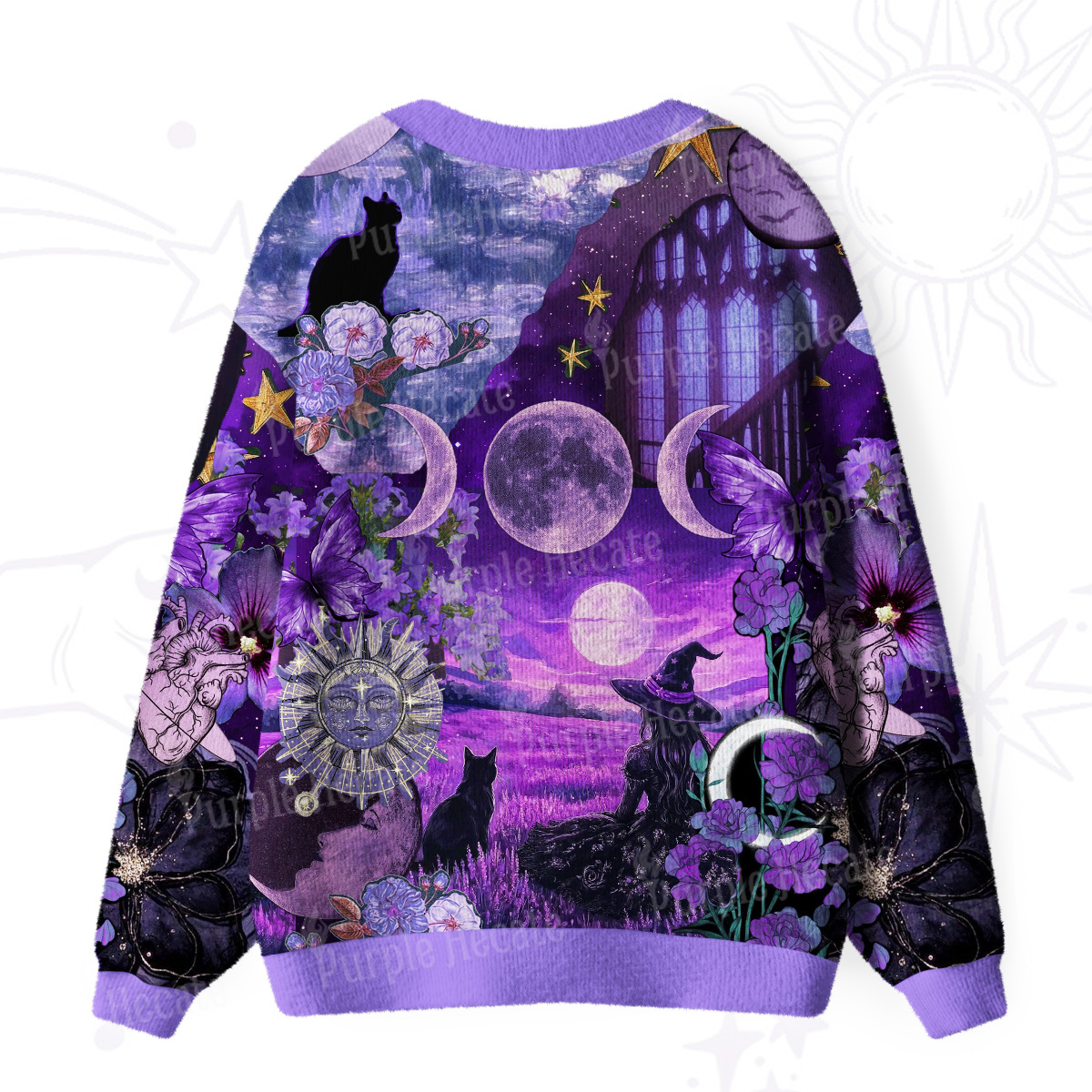 Purplehecate Witchy Black Cat Moon Ugly Cardigan Sweaters