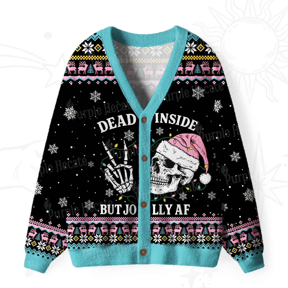 Purplehecate Dead Inside But Jolly AF Christmas Ugly Cardigan Sweaters