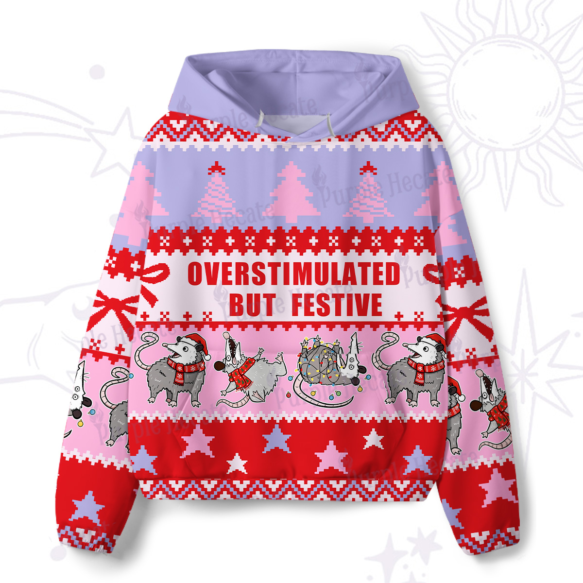 Purplehecate Overstimulated But Festive Possum All-Over Print Hoodie