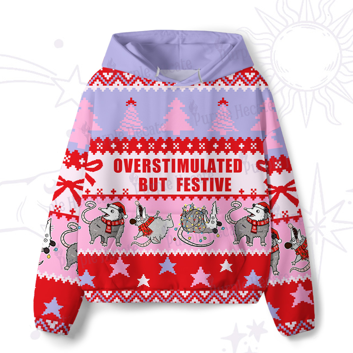 Purplehecate Overstimulated But Festive Possum All-Over Print Hoodie
