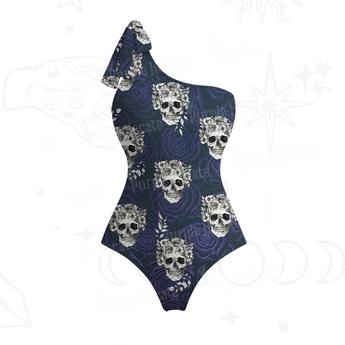 Purplehecate Rose Skull One-Shoulder One-Piece Swimsuit