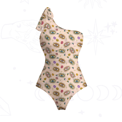 Purplehecate Evil Eye Pattern One-Shoulder One-Piece Swimsuit