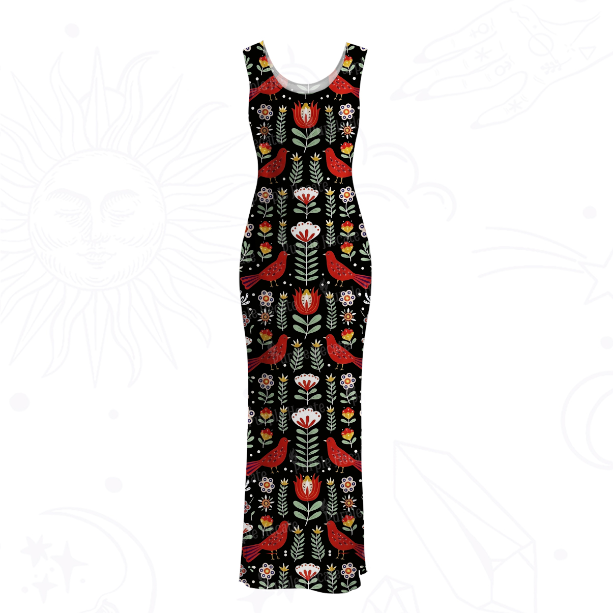 Purplehecate Mystic Forest Bird Mesh Maxi Tank Beach Dress