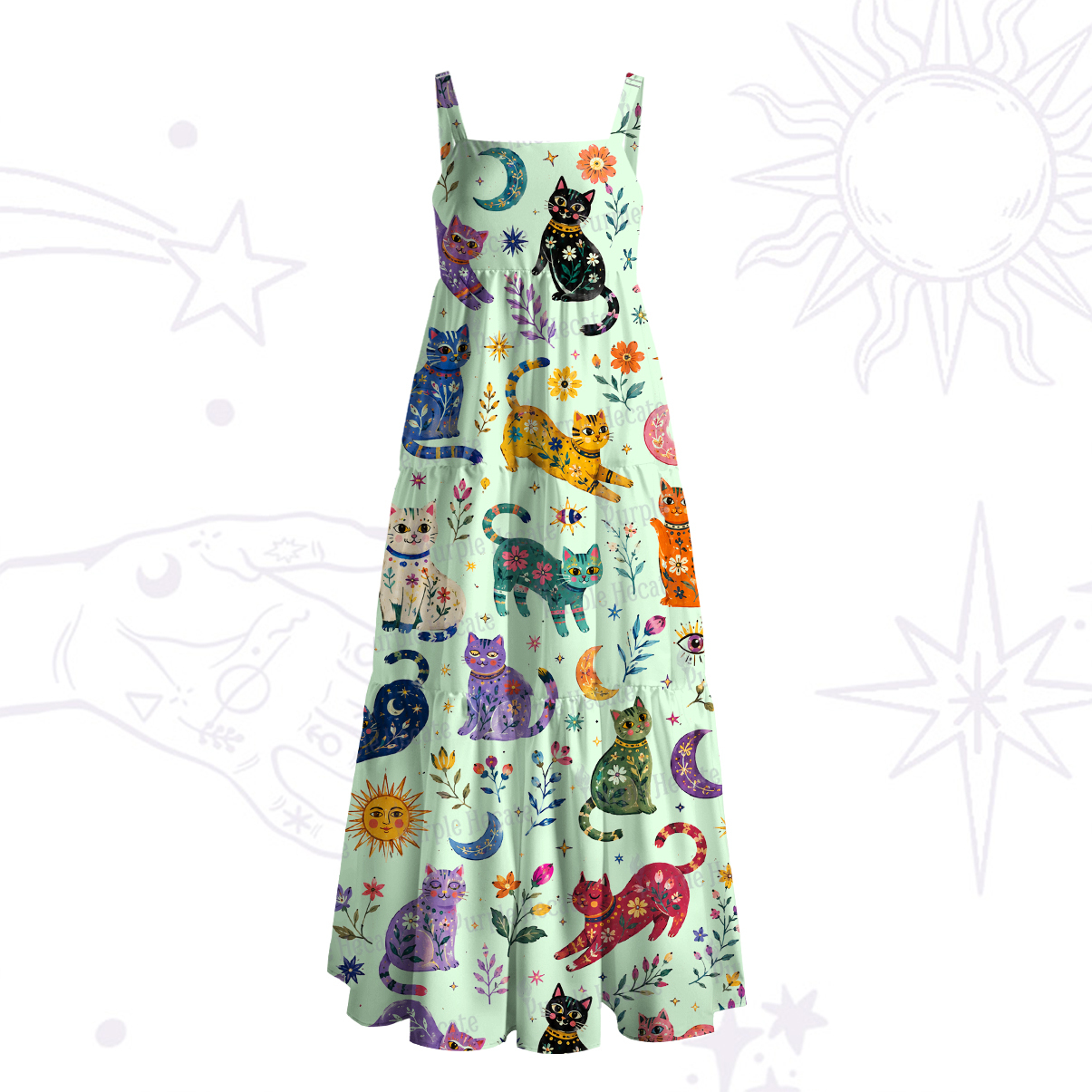 Purplehecate Rainbow Magic Cats Wide Straps Maxi Dress