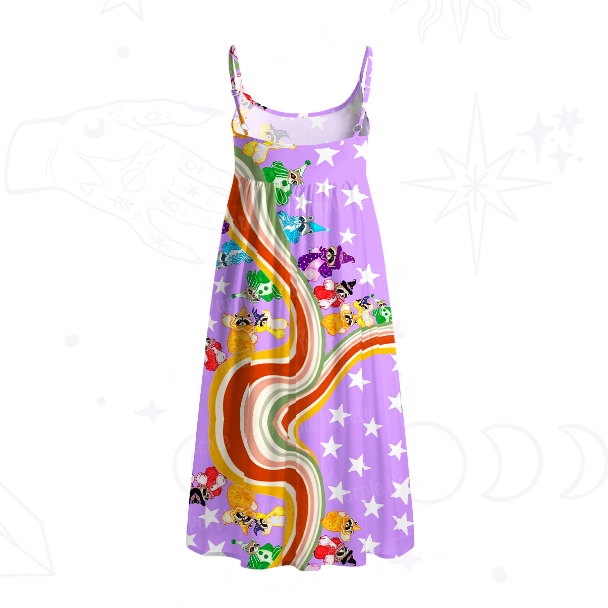 Purplehecate Rainbow Raccoon Star Spaghetti Strap Midi Dress