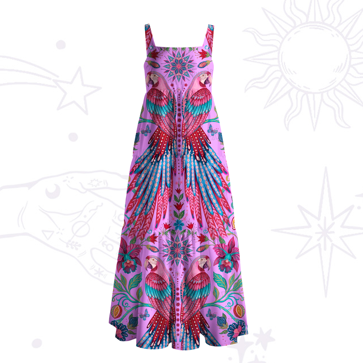 Purplehecate Tropical Parrot Garden Wide Straps Maxi Dress