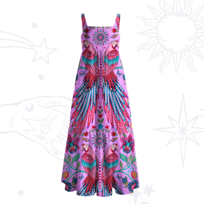 Purplehecate Tropical Parrot Garden Wide Straps Maxi Dress