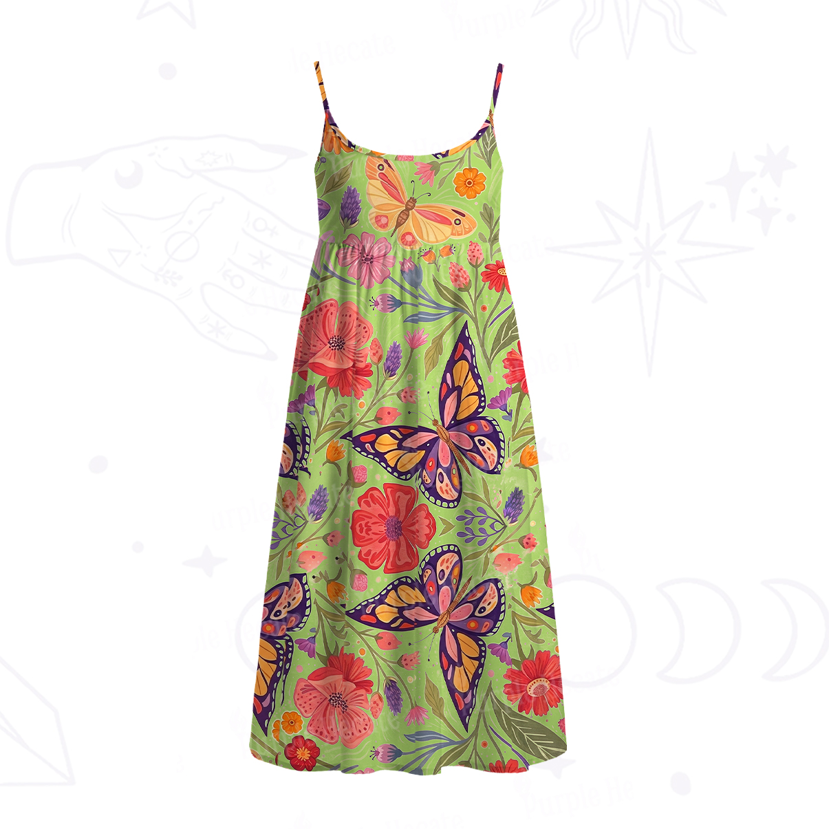Purplehecate Enchanted Garden of Butterflies Spaghetti Strap Midi Dress