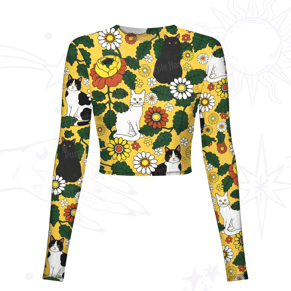 Purplehecate Daisy Cat  Garden Mesh Long Sleeve Crop Top