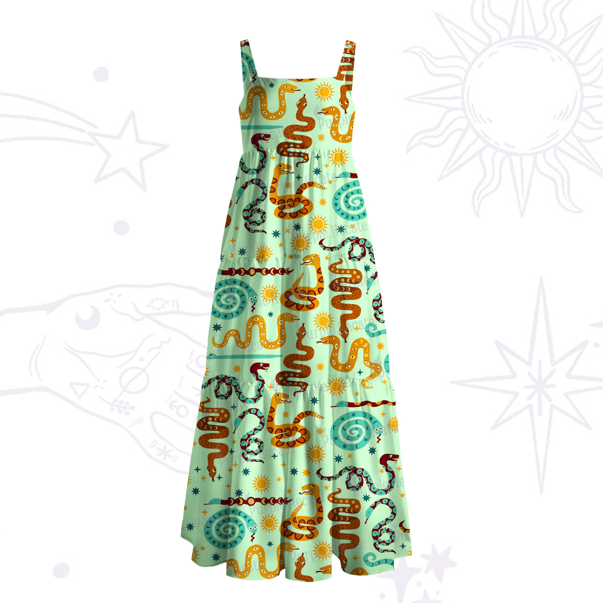 Purplehecate Mystic Sunlit Serpent Runes Wide Straps Maxi Dress
