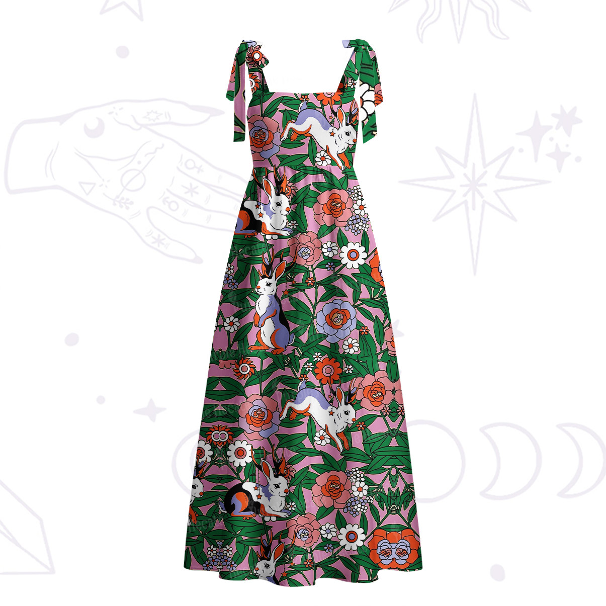 Purplehecate Mystic Blossom Bunny Garden Tie Shoulder Maxi Dress