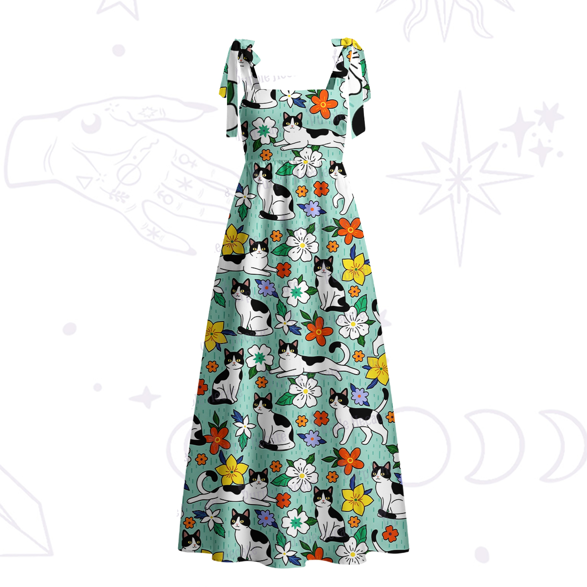 Purplehecate Enchanted Spring Whispering Cat Tie Shoulder Maxi Dress