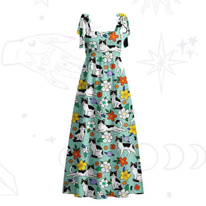 Purplehecate Enchanted Spring Whispering Cat Tie Shoulder Maxi Dress