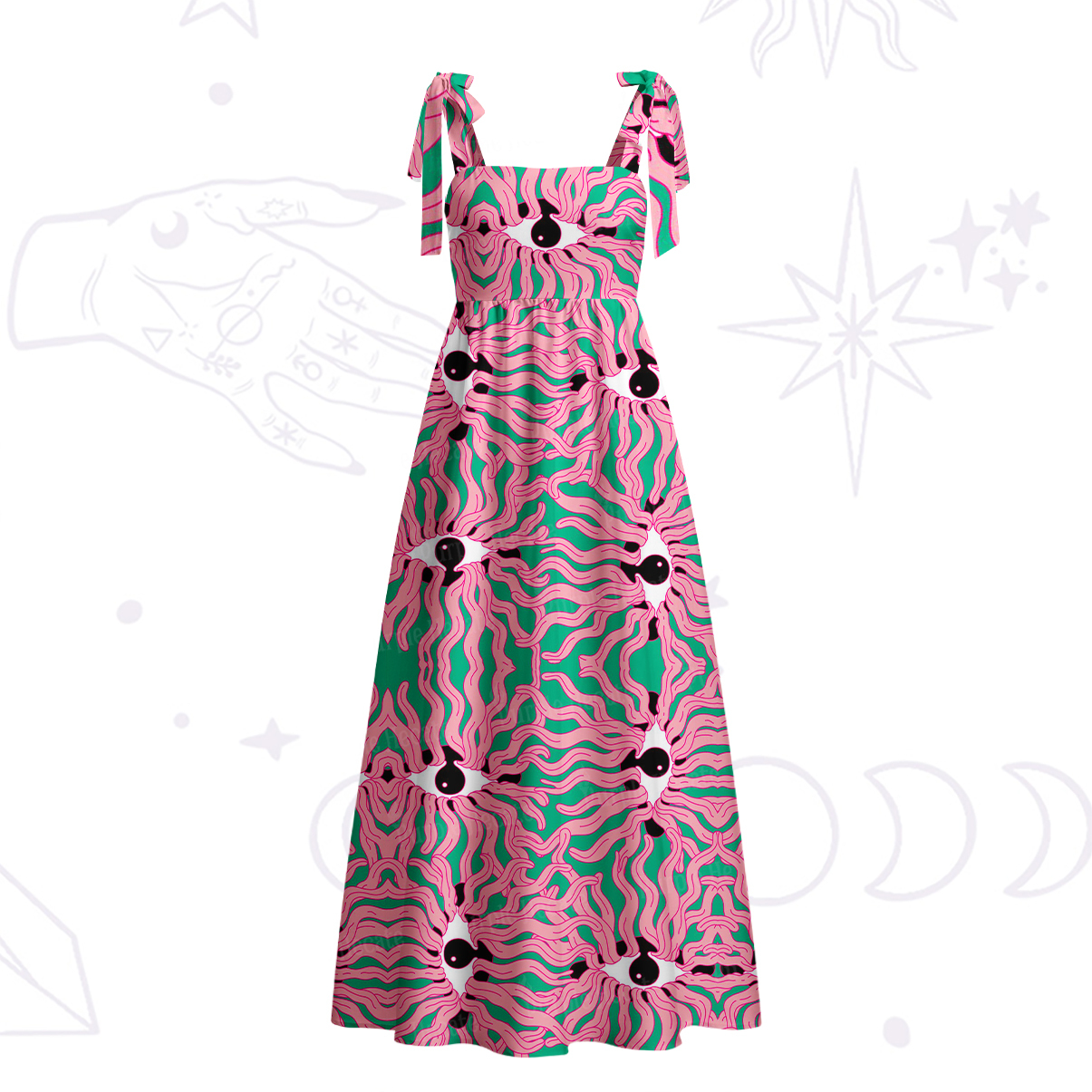 Purplehecate Psychedelic Wave Eyes Tie Shoulder Maxi Dress