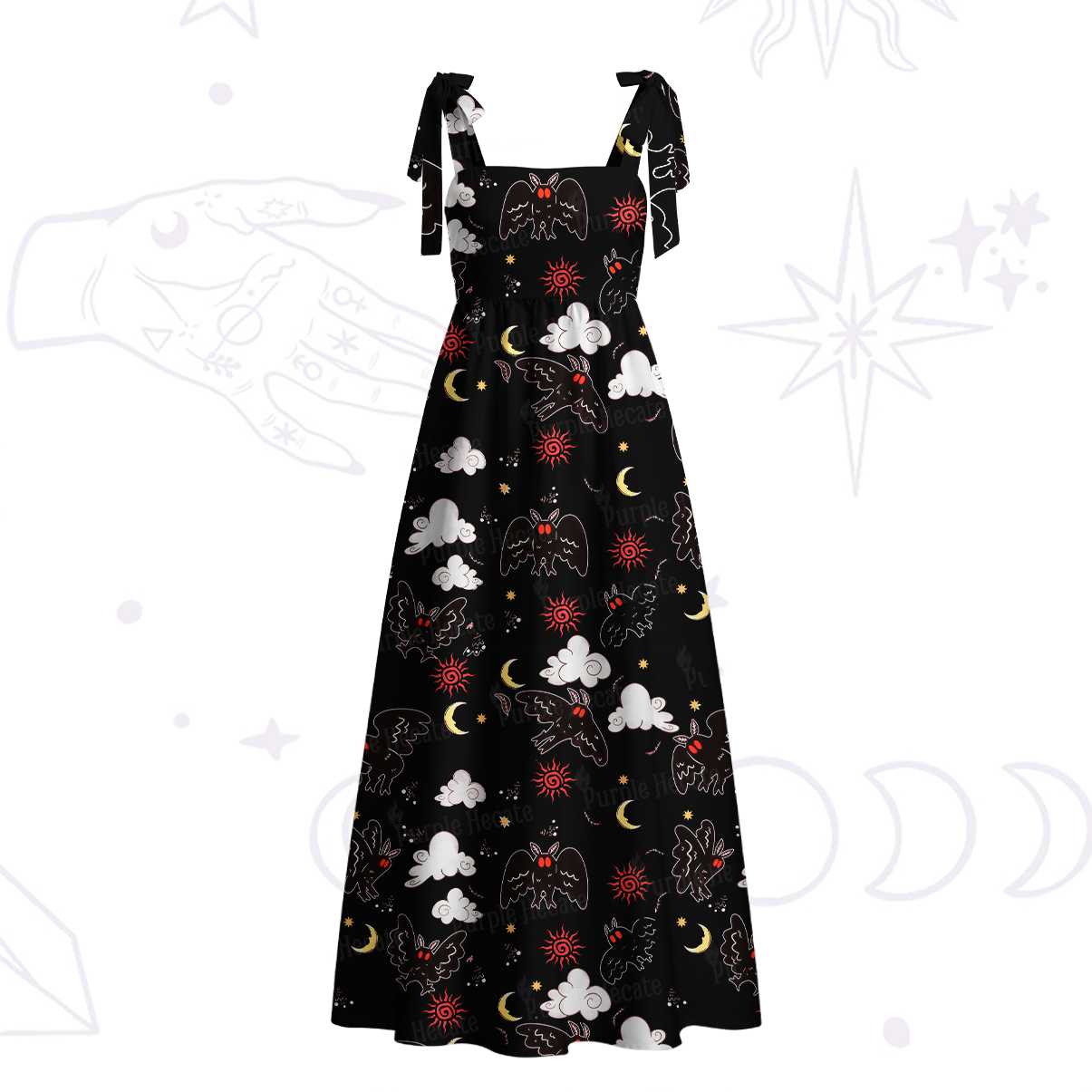 Purplehecate Cryptid Mothman Tie Shoulder Maxi Dress