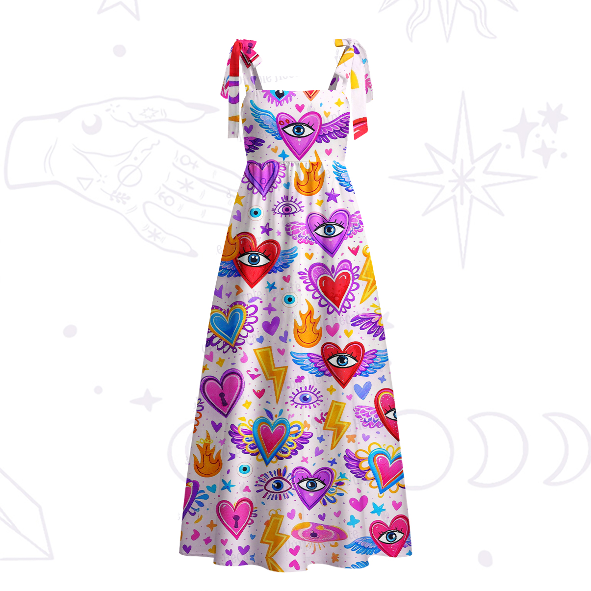 Purplehecate Mystic Heart Eye Wings Tie Shoulder Maxi Dress