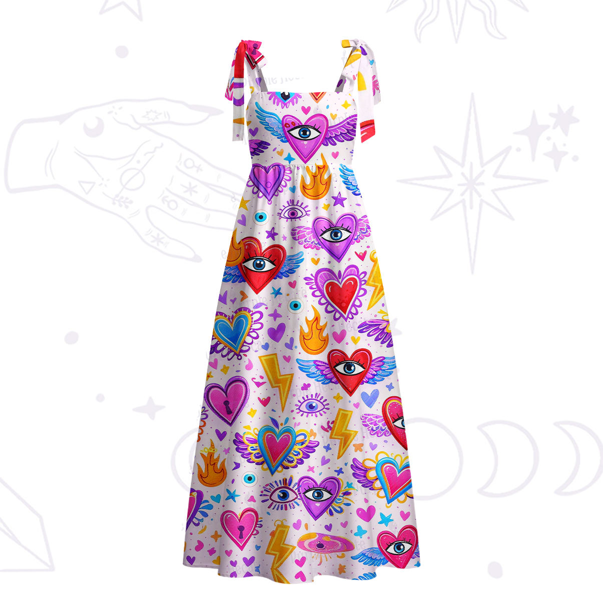 Purplehecate Mystic Heart Eye Wings Tie Shoulder Maxi Dress