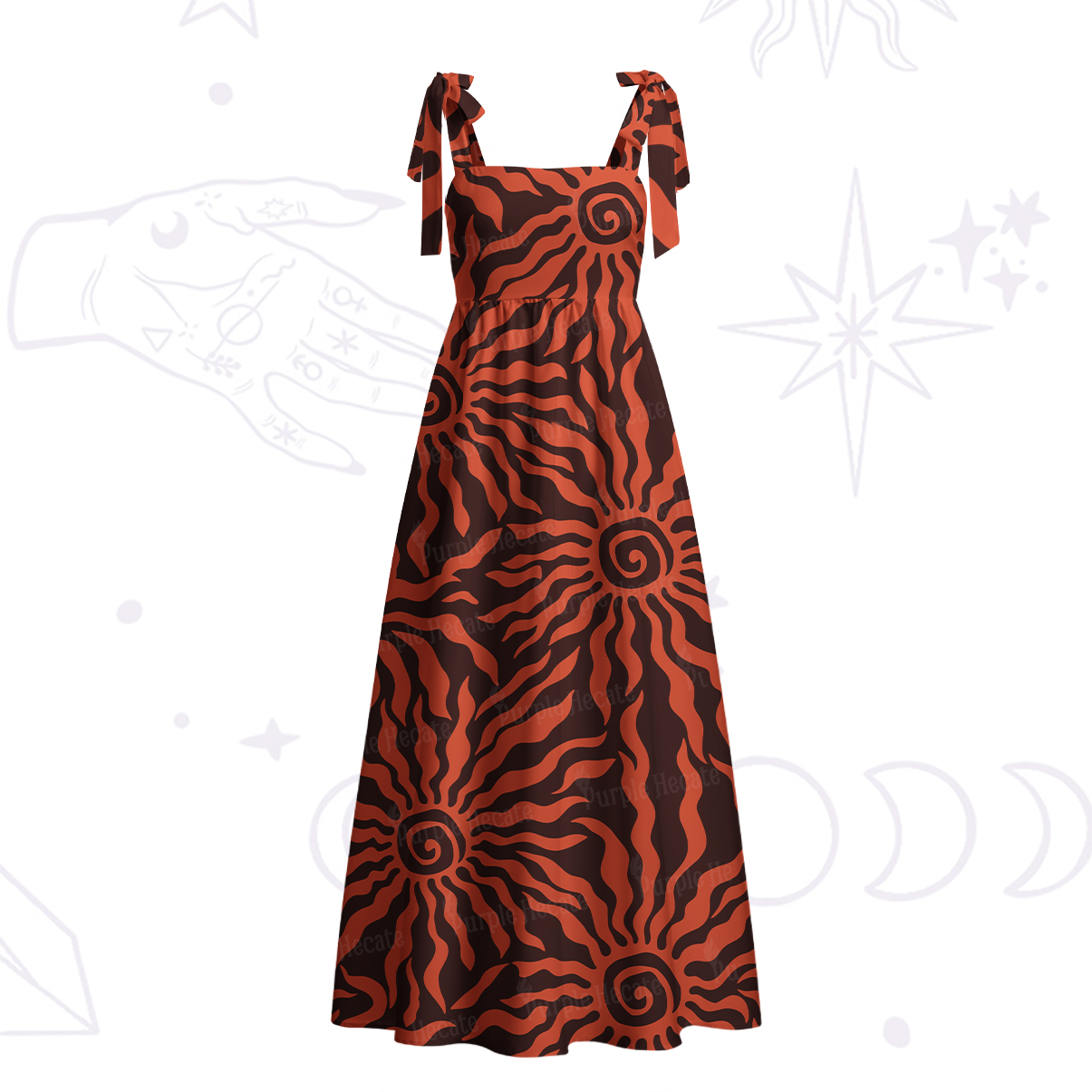 Purplehecate Solar Swirl Totem Strappy Tie Shoulder Maxi Dress
