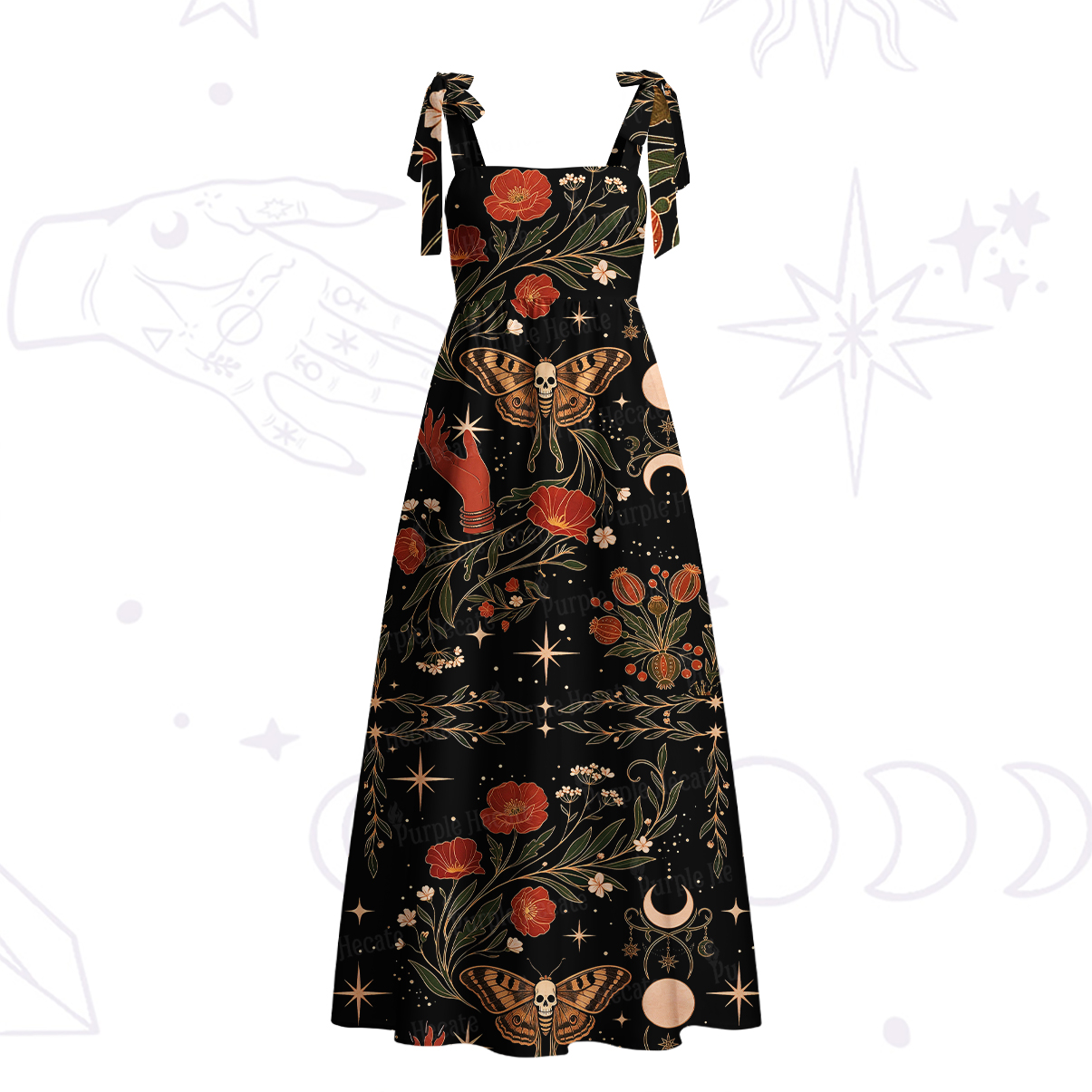 Purplehecate Death Moth Rebirth Tie Shoulder Maxi Dress
