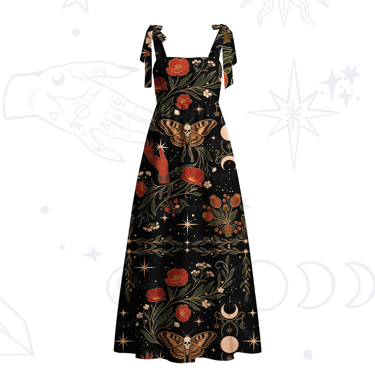 Purplehecate Death Moth Rebirth Tie Shoulder Maxi Dress