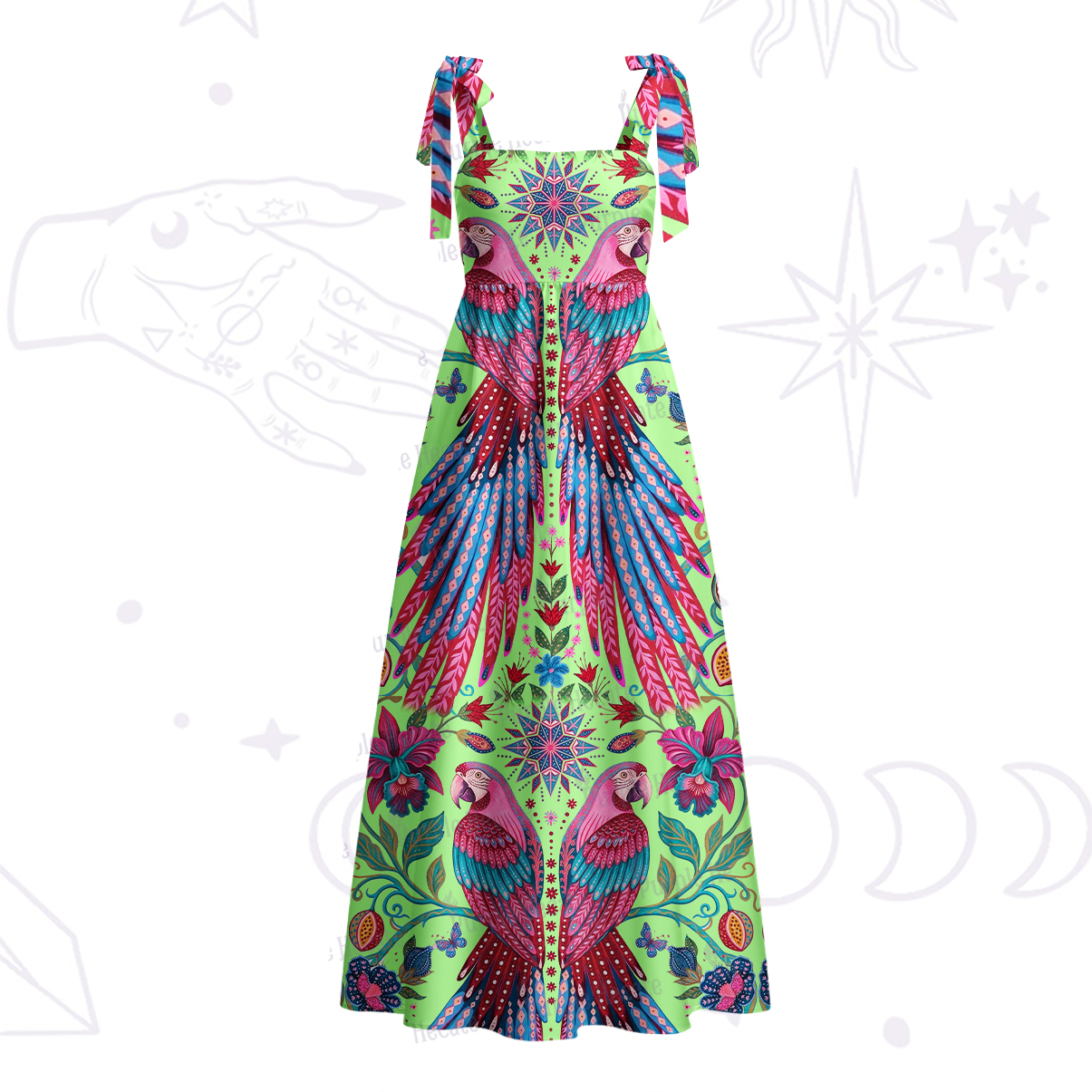 Purplehecate Tropical Parrot Garden Tie Shoulder Maxi Dress