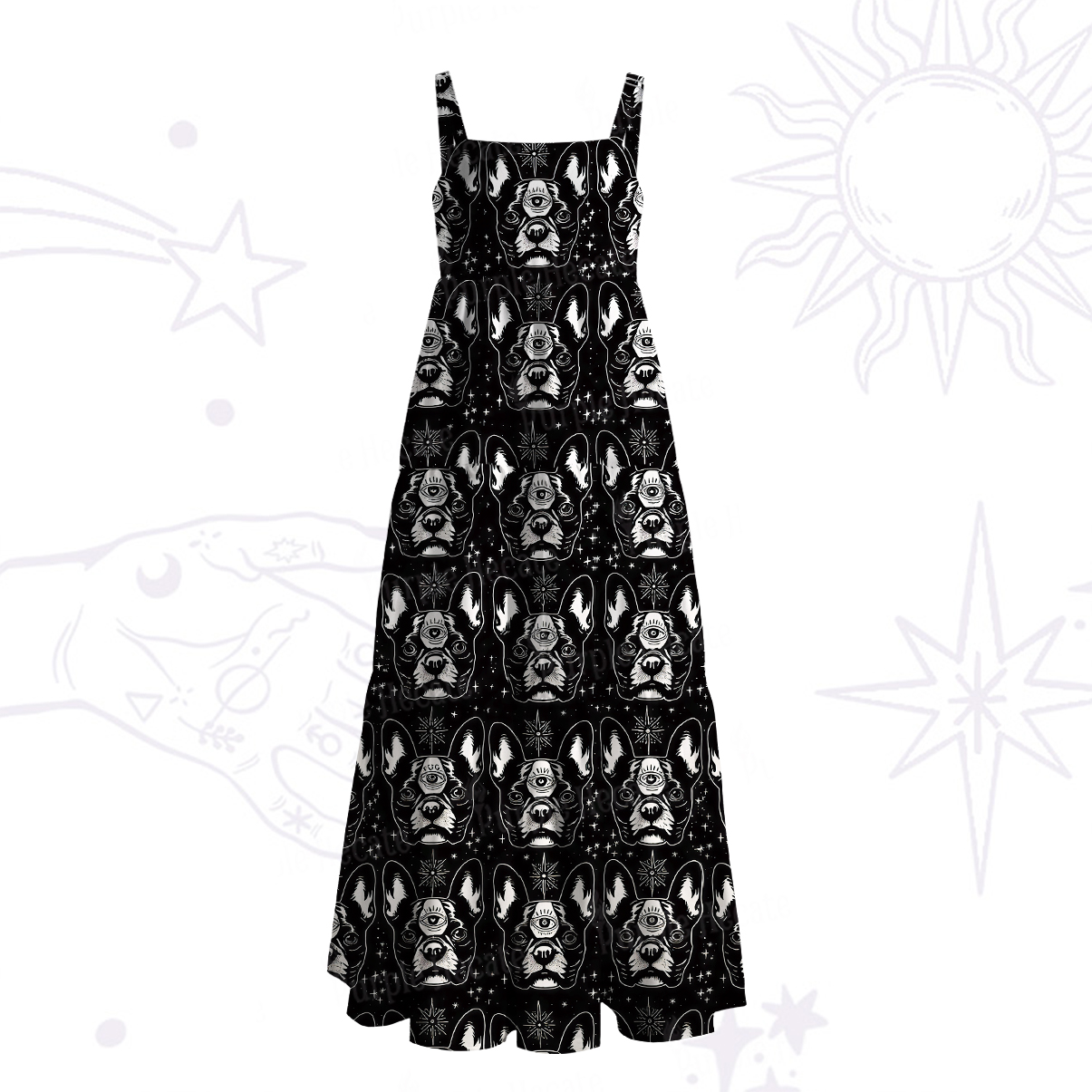 Purplehecate Mystic Boston Terrier Wide Straps Maxi Dress