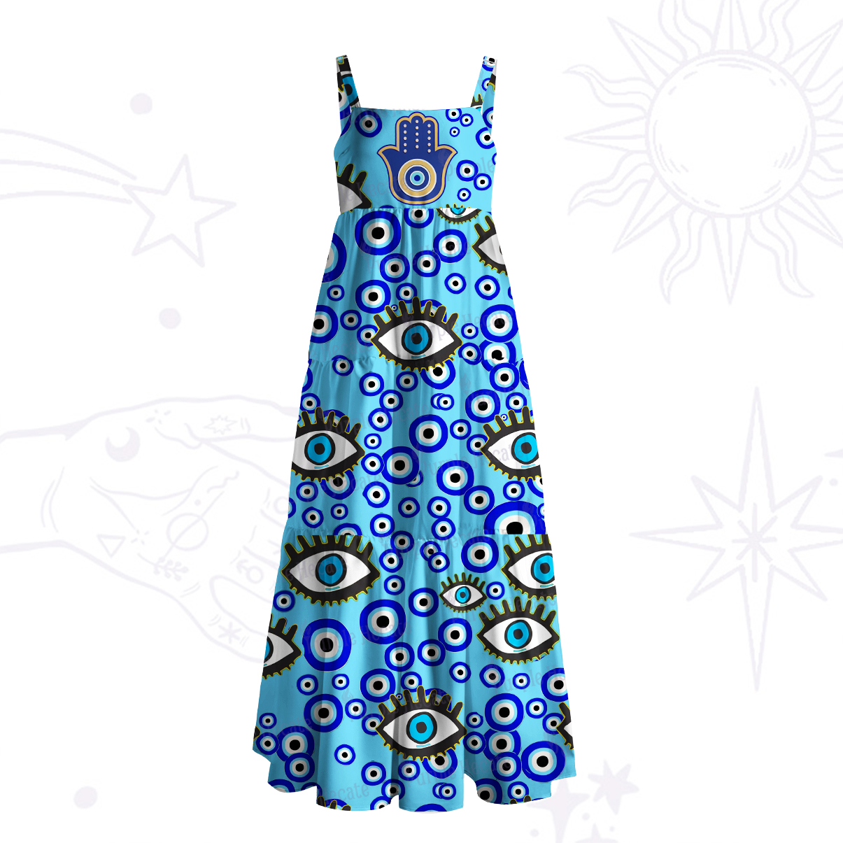 Purplehecate Mystic Hamsa Evil Eye Wide Straps Maxi Dress