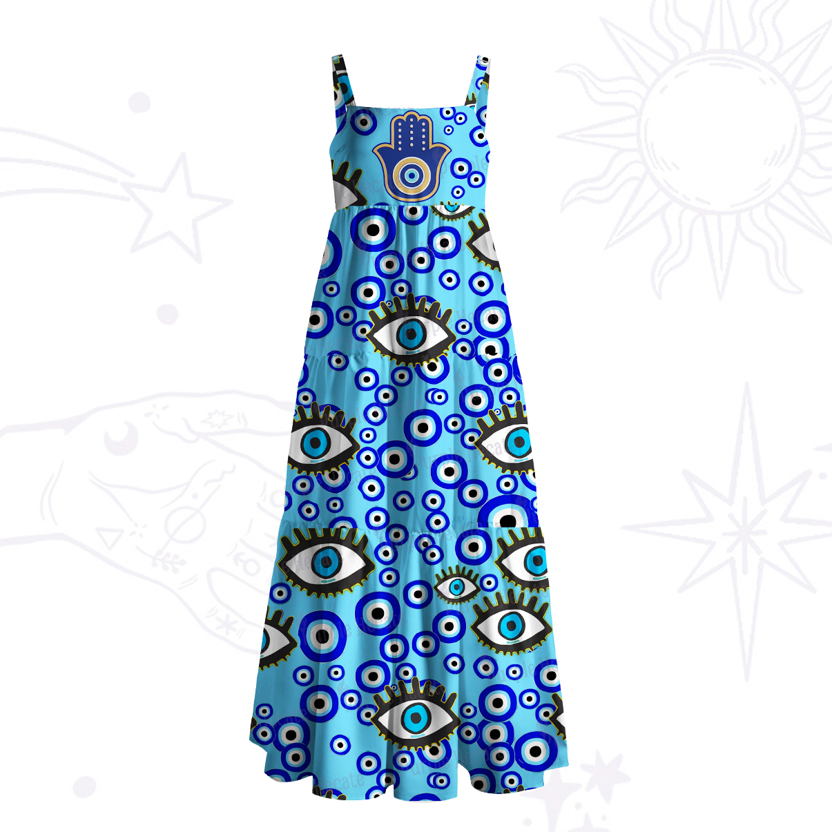 Purplehecate Mystic Hamsa Evil Eye Wide Straps Maxi Dress