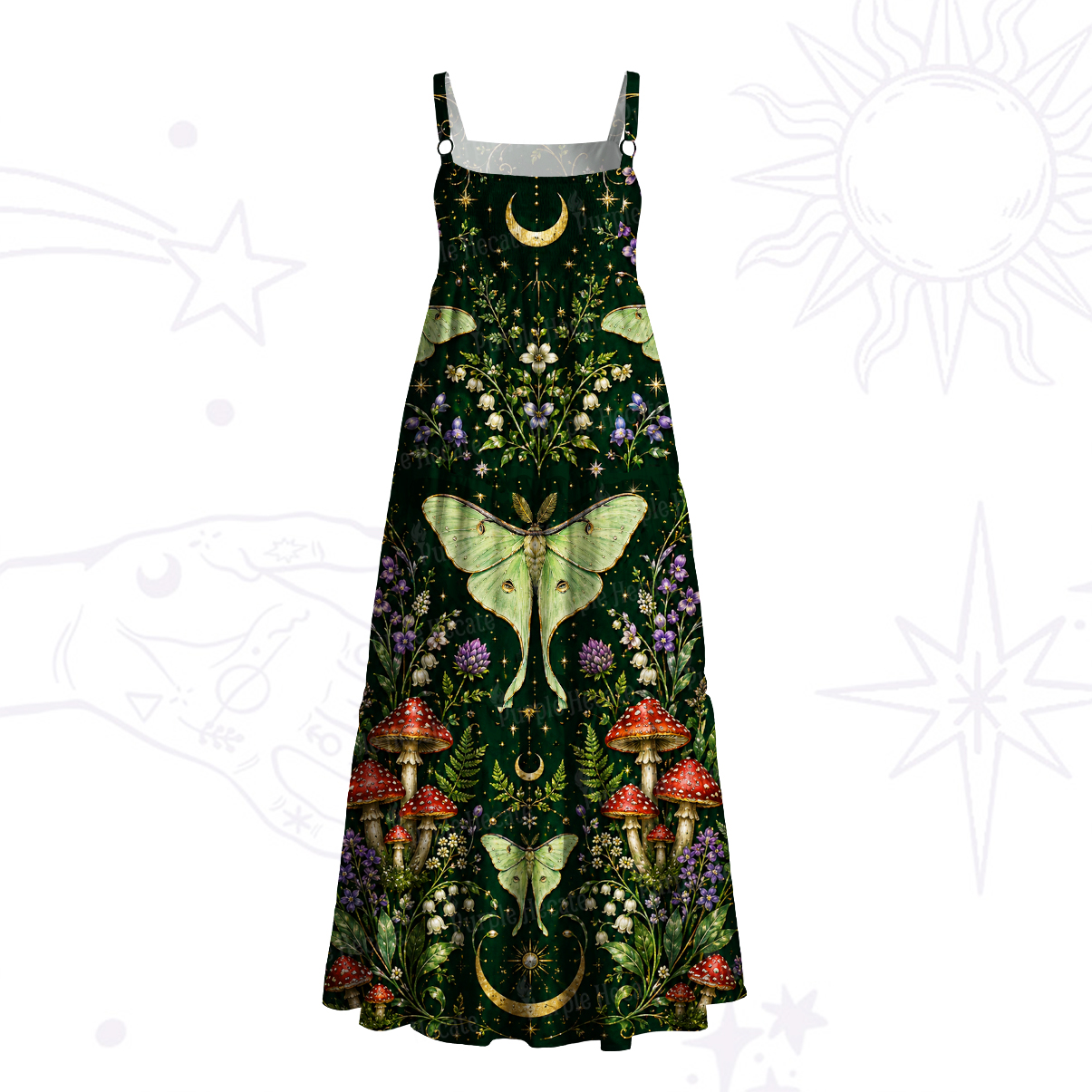Purplehecate Moonlit Forest Moth Magic Wide Straps Maxi Dress