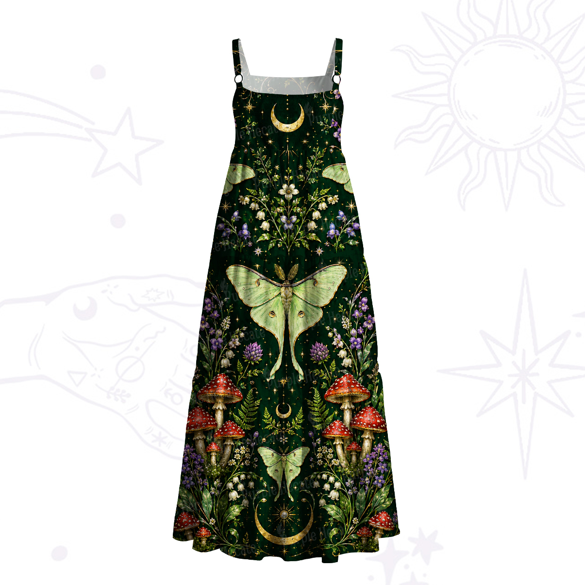 Purplehecate Moonlit Forest Moth Magic Wide Straps Maxi Dress