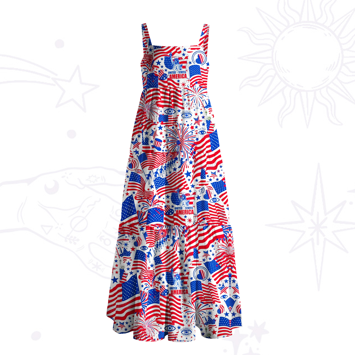 Purplehecate Patriotic Fireworks & Flags Wide Straps Maxi Dress